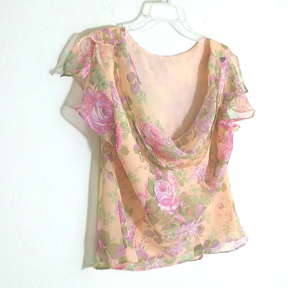 Studio I Waterfall Back Chiffon Top Wmn's 14P Yellow Floral Split Cap Sleeve Y2K - Picture 16 of 16